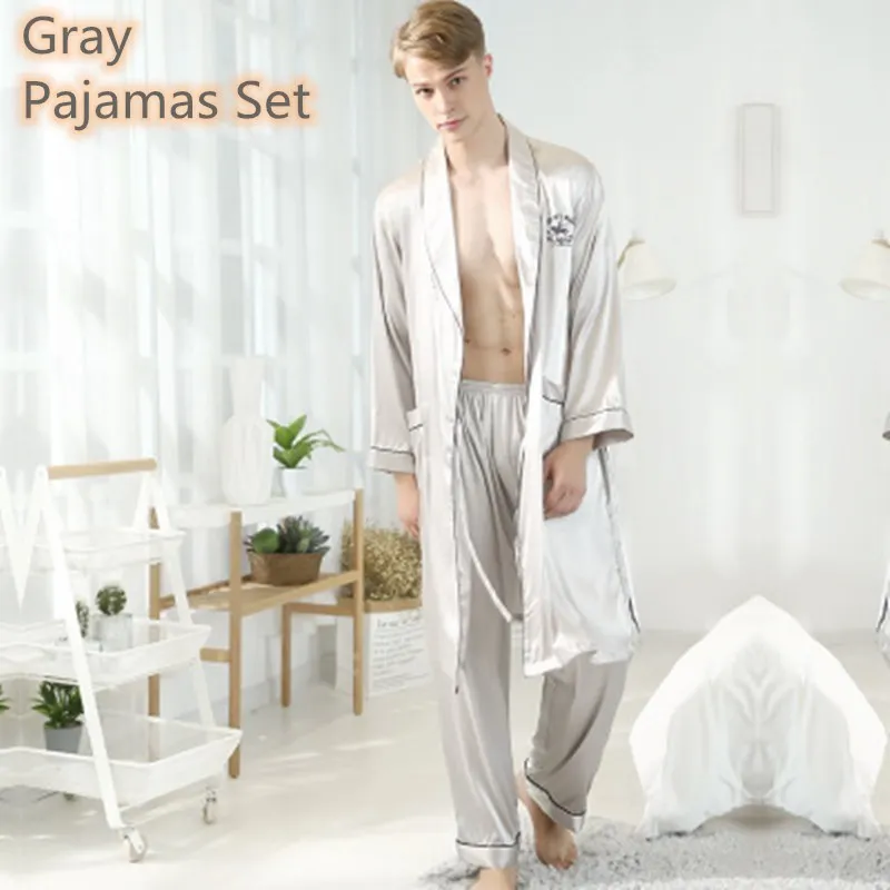 Пижама Мужская атласная шелковая рубашка топ длинные штаны темно серая бордовая