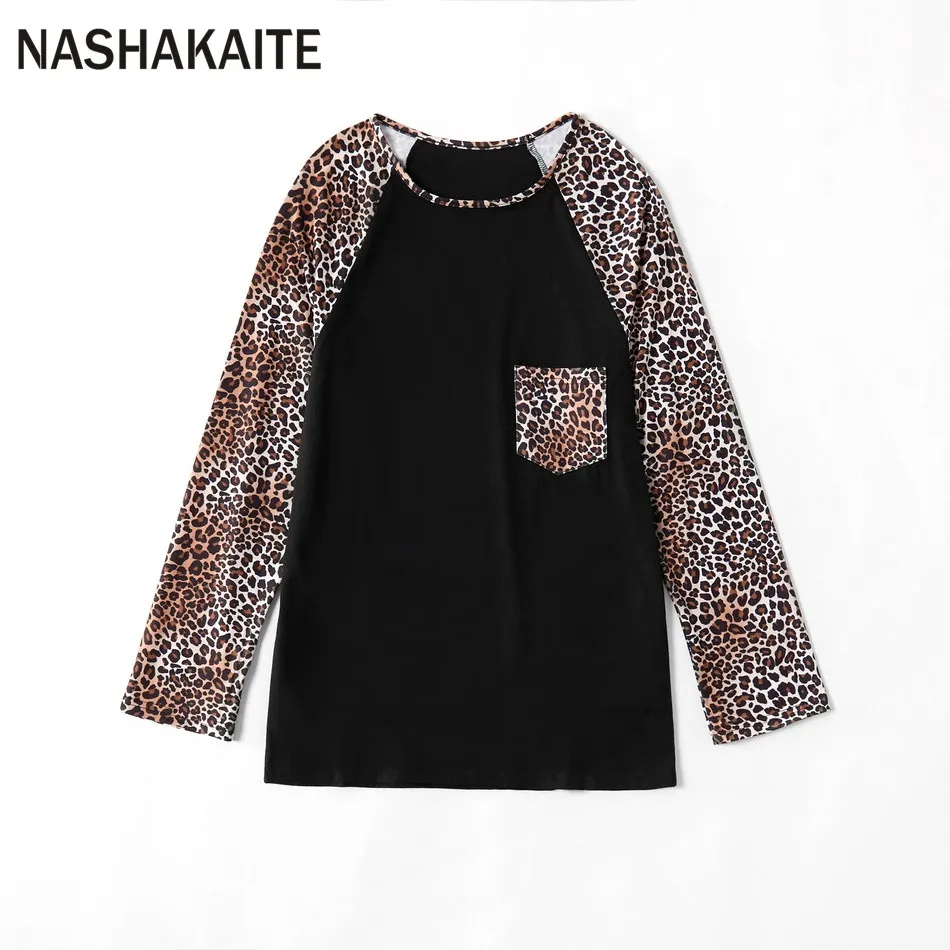 NASHAKAITE/Одежда для мамы и дочки Леопардовый принт пэтчворк, топы, Лидер продаж, семейная футболка с длинными рукавами, карманами и круглым вырезом