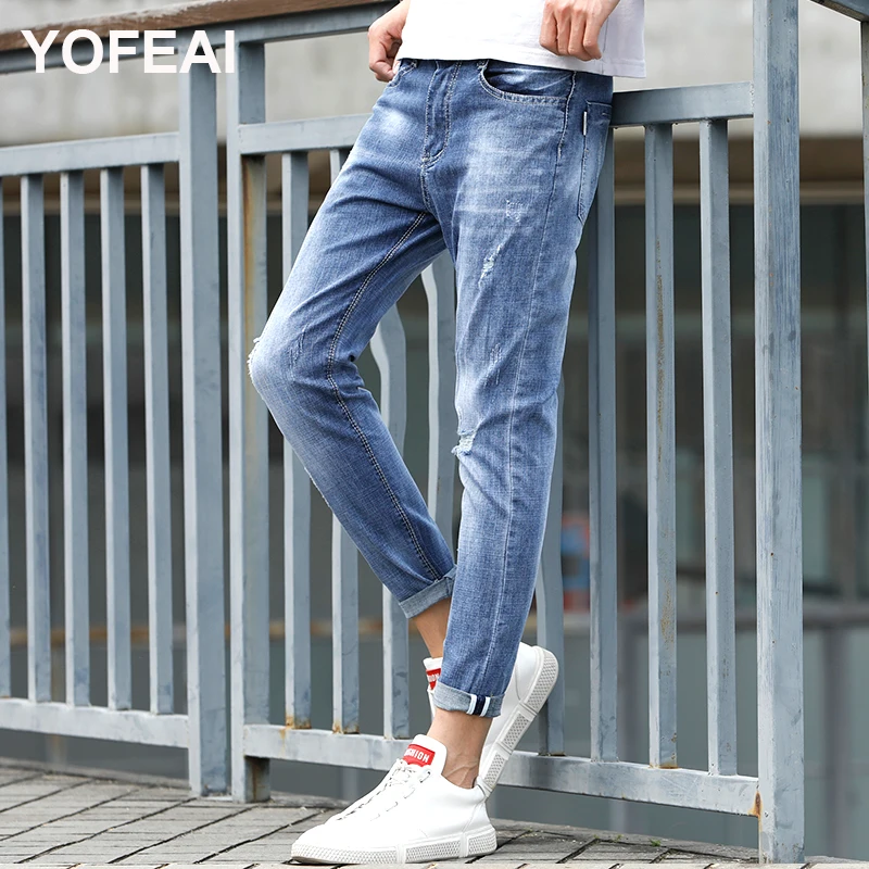 

Elastic Men's Sweatpants Hole Jeans Pants Casual Summer Autumn Male Ripped Skinny Trousers Slim Biker Outwears Pants