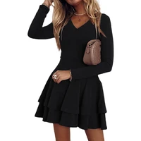 2021 fall new women clothes casual solid color v neck long sleeve middle waist princess dress temperament commute sheath dress