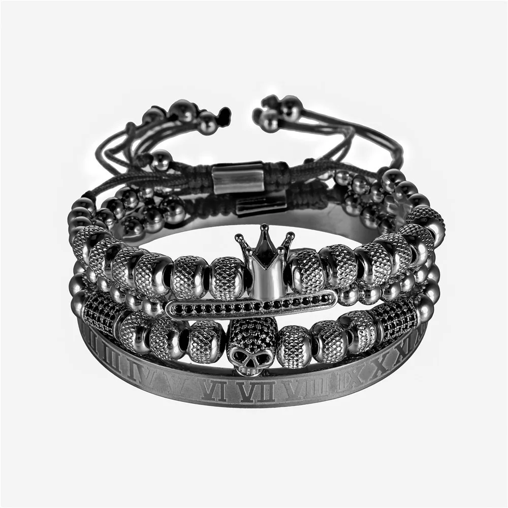 Punk 4pcs/set Classical Braiding Bracelet Set Gold Hip Hop Men Pave CZ Zircon Skull Roman Numeral Bracelet Bangle Luxury Jewelry
