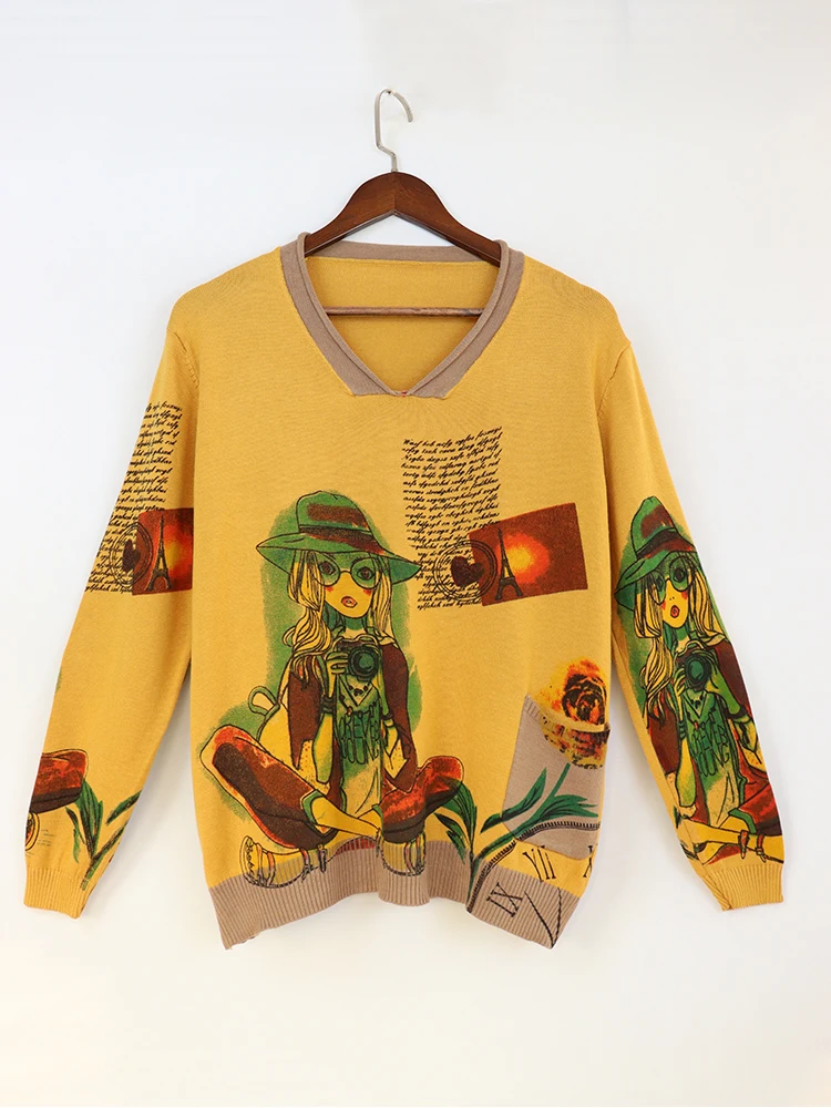 

Autumn Women Sweater Fashion Vintage Simple V-Neck Print Long Sleeves Pockets Versatile Casual Female Daily Knitted Pullovers
