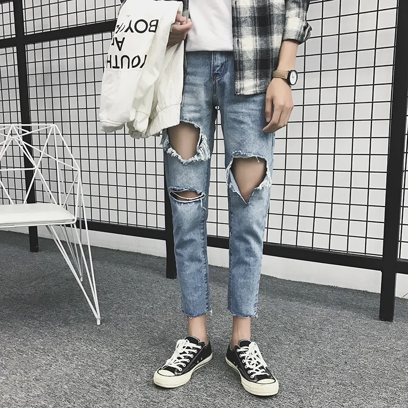 Сезон весна осень Тонкие рваные укороченные джинсы мужские светильник цветные