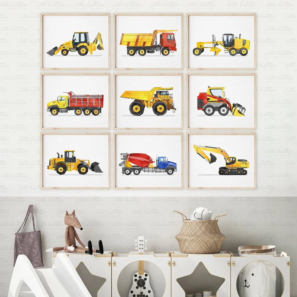 

Construction Vehicles Watercolor Art Canvas Painting Kids Room Decor Transportation Truck Playroom Posters and Prints Boys Gift