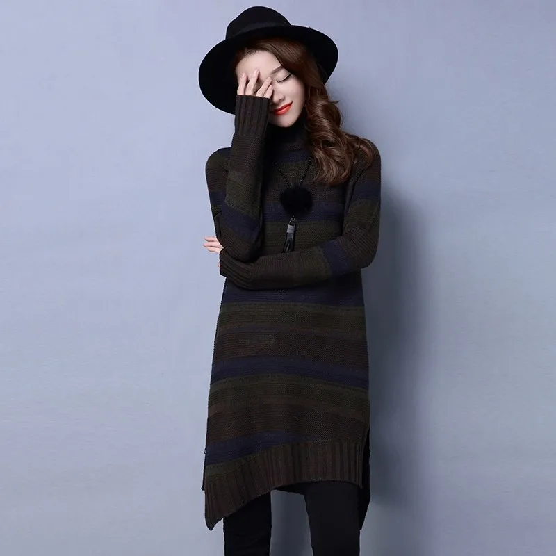 Красный зеленый желтый свитер в полоску Элегантная водолазка Длинные пуловеры