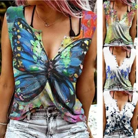 2021 new womens summer sleeveless fashion butterfly print blouse shirt buttons sexy v neck off shoulder pullover tops
