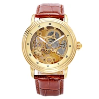 gorben golden skeleton golden mechanical watch men automatic self wind watches leather band wristwatch male relogio masculino