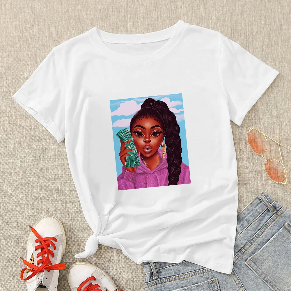 

Sexy Black Girl Printed T Shirts Women's Aesthetic Beautiful Popular Creative Funny T Shirt Green Paper Korean Harajuku Tshirt