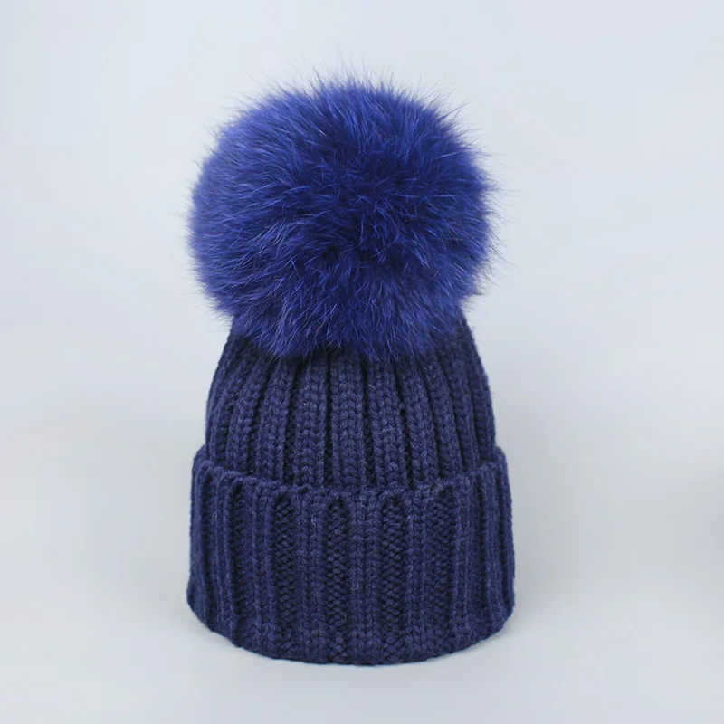 Navy-Hat Осень-зима, детский, взрослый, леди, помпон из лисьего меха, женская вязаная шапка, шапка, шарф, набор, детский, Soild, вязаный крючком, большой помпон, шапки, s - Цвет: Navy-Hat