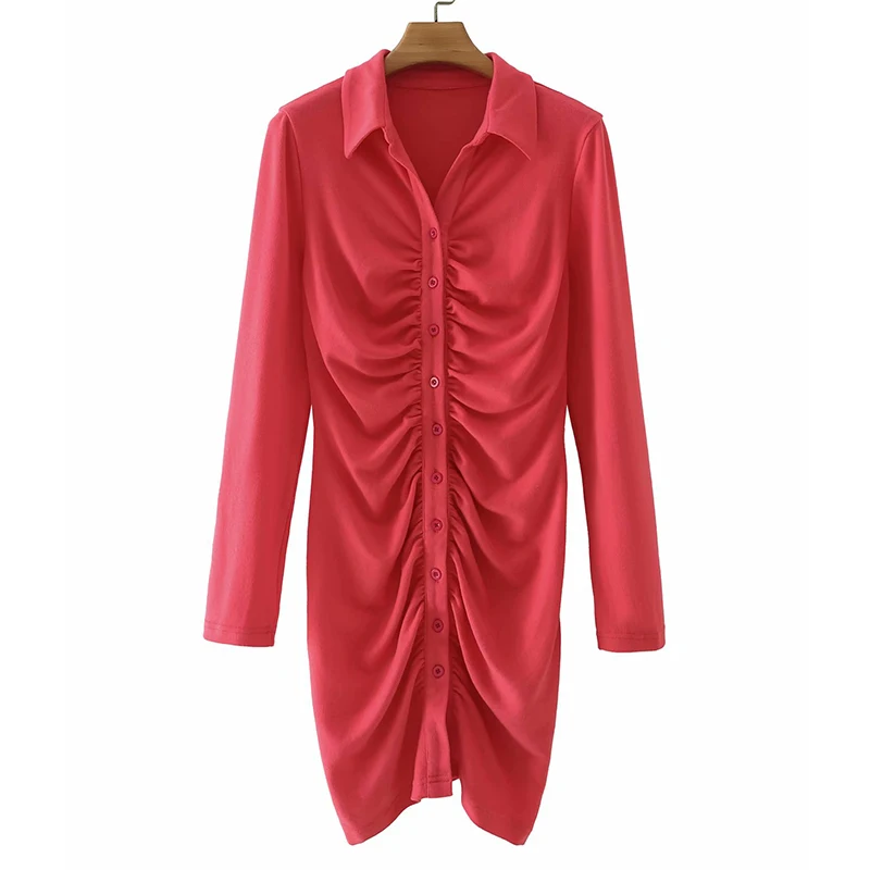 

Женское трикотажное платье с воротником с лацканами и длинным рукавом