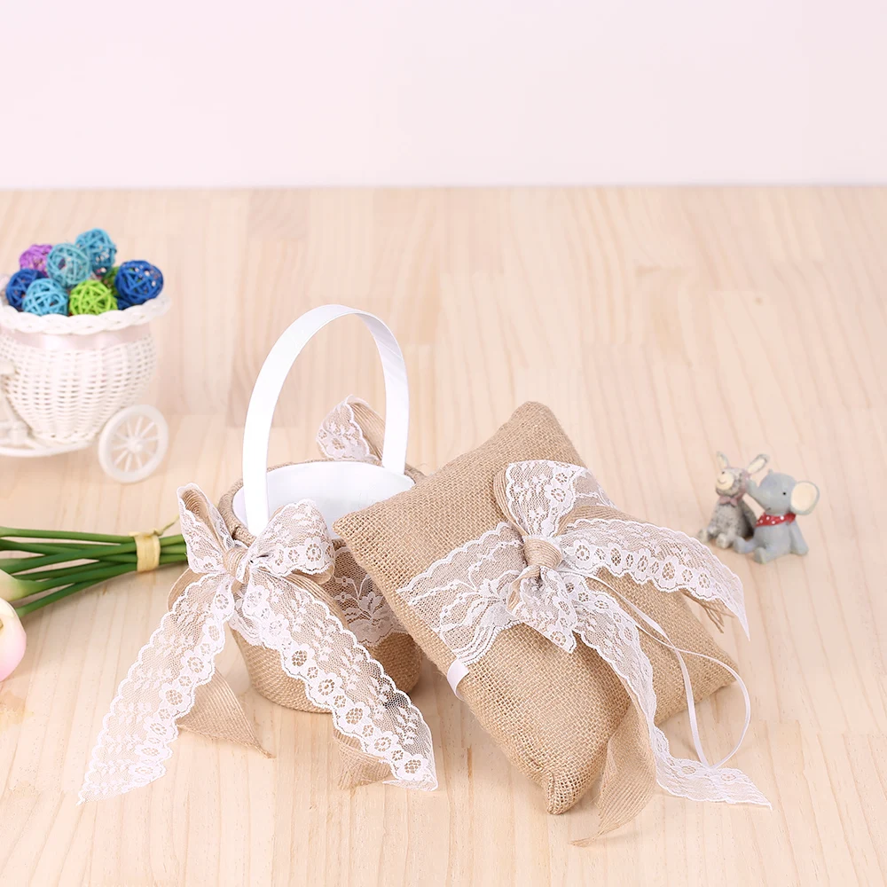 

Детская подушка-кольцо с бантом и деревенская Свадебная корзина для девочек, корзина для цветов, контейнер для цветов