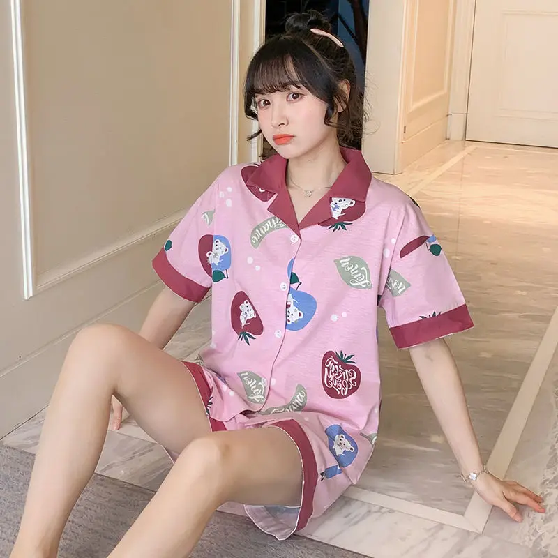 

Pajama Sets Women Printed Pocket V-neck Loose Korean Style Drawstring Home-wear Sweet Girls Casual Soft Popular Comfortable Chic
