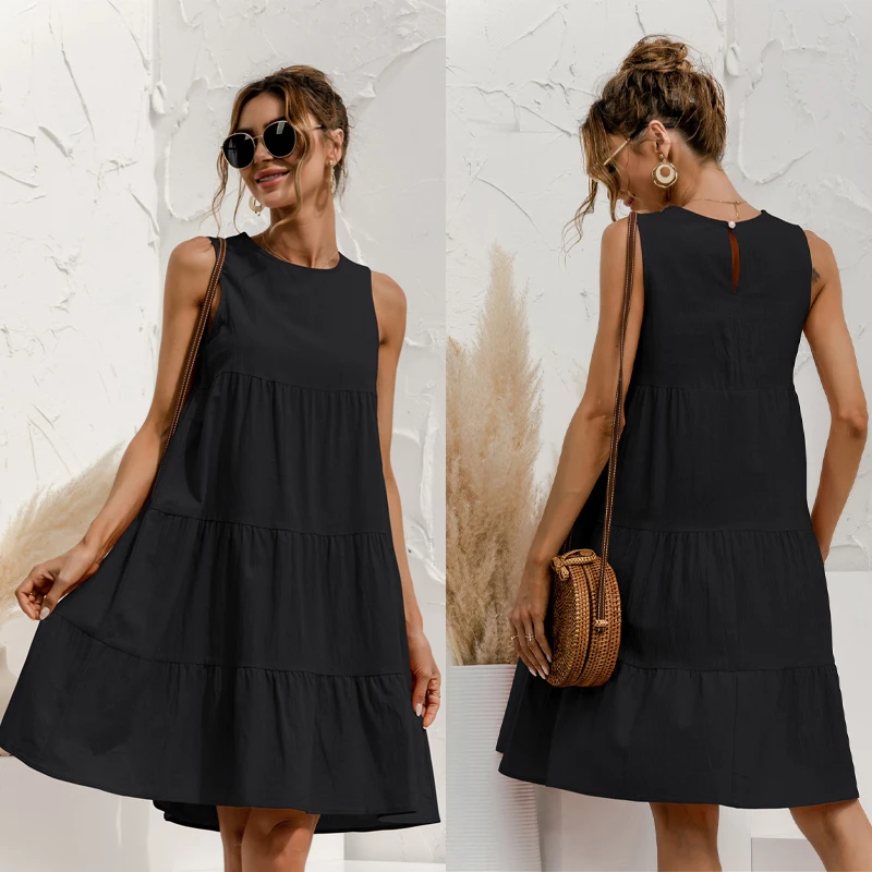 

2021 Summer Women Vest Dress Cotton O-Neck Sleeveless Solid Midi Dress Stitching Large Swing Casual Loose Sundress Vestidos