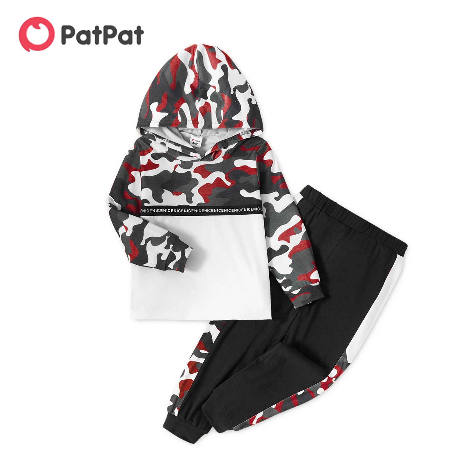 

Толстовка с капюшоном и эластичные брюки PatPat с камуфляжным принтом и надписью для маленьких мальчиков