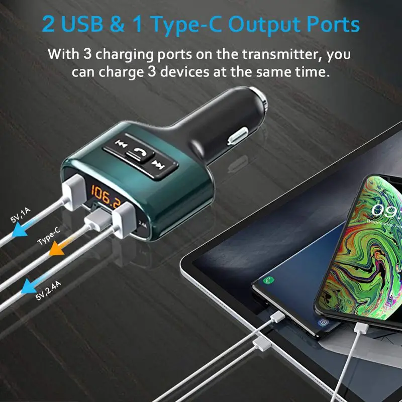 Bluetooth FM Transmitter Wireless Radio Adapter Receiver Car Kit with 18W USB Type-C Charger Port5V/2.4A Dual Ports Sup |