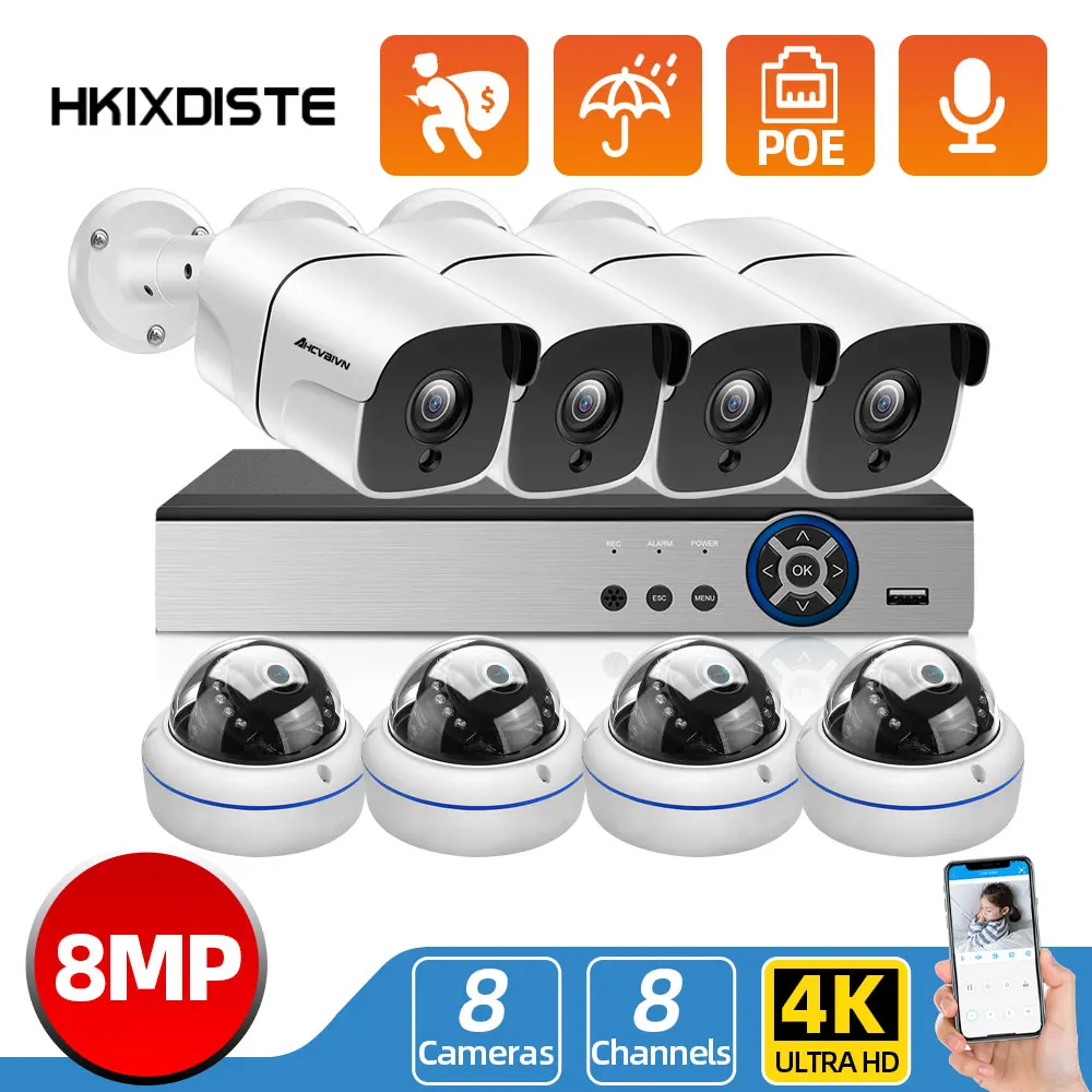 

8MP CCTV POE Camera System H.265+ 4K 8CH NVR 4/8PCS Outdoor Video Surveillance IP Camera System cctv camera security system kit