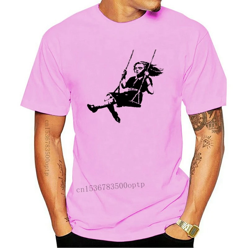 

Новинка, хлопковая Футболка с принтом граффити Banksy - Girl On Swing, брендовая мужская одежда, мужская приталенная футболка