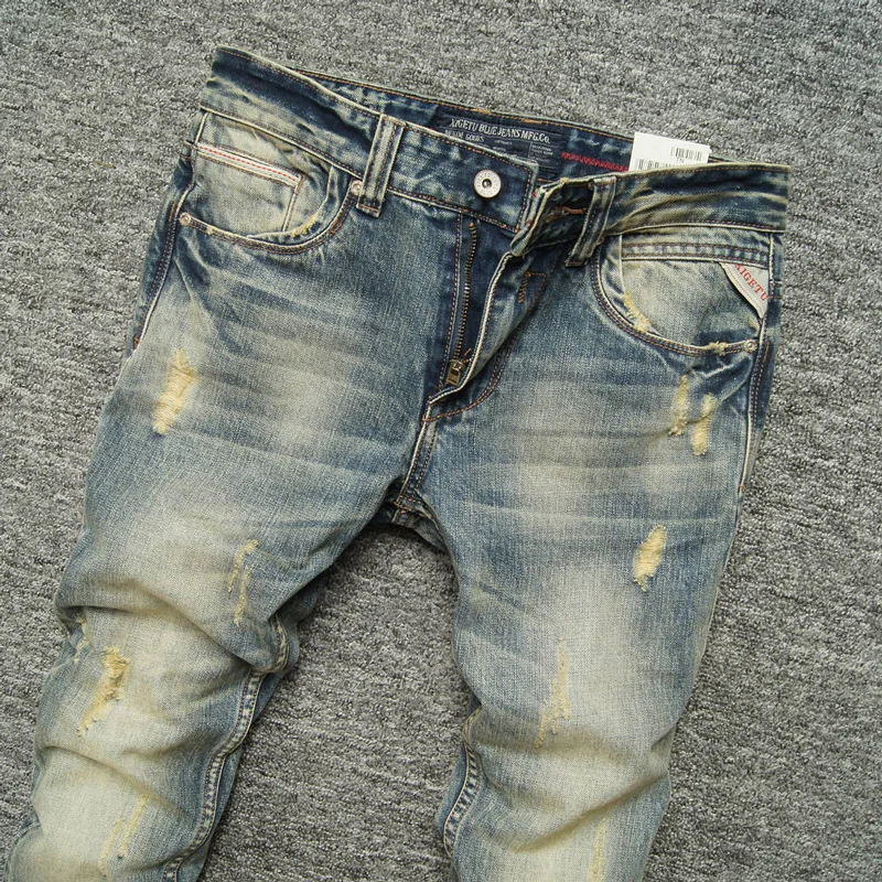 Джинсы мужские рваные в стиле ретро модные брюки Slim Fit из денима винтажные