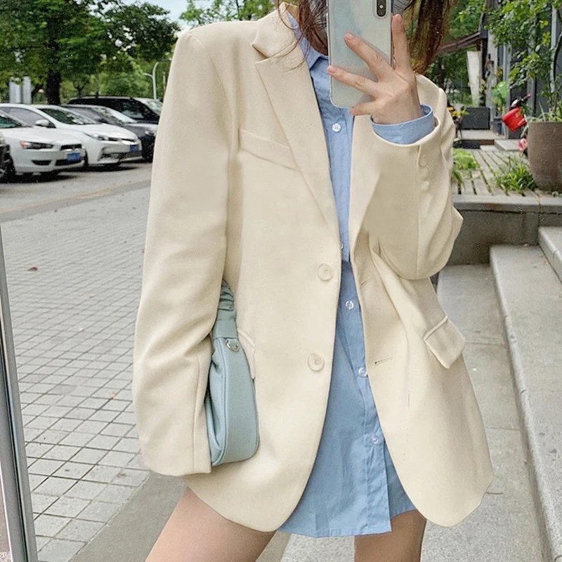 

Women Loose Blazer Suit Coat Sungtin Office Lady Casual Blazer Jackets Solid Vintage Elegant Outwear 2 Colors Chic Korean
