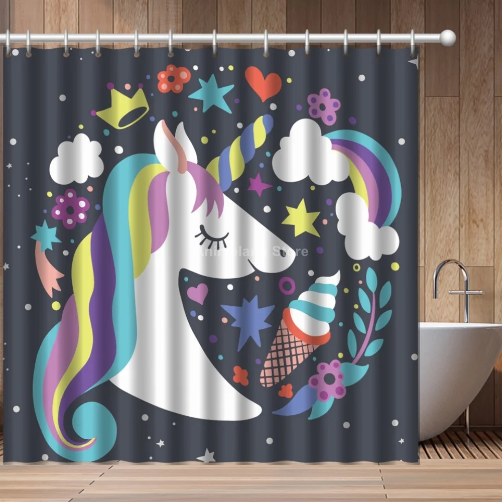 Маленькая черная занавеска для душа с 3D рисунком единорога девочек комплект
