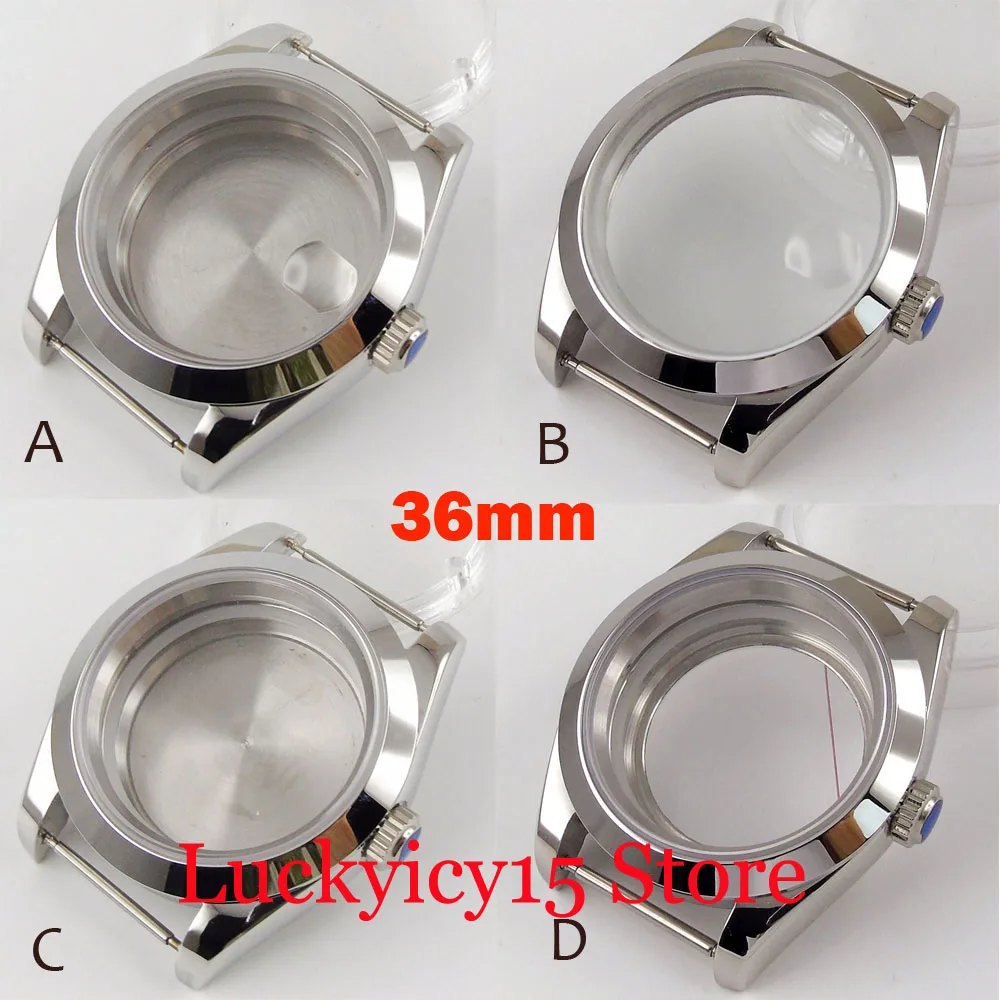 

36mm Silver Steel Watch Case fit NH35A NH36A ETA 2836 MIYOTA 8215 821A DG Glass Back Polished Bezel Screw Crown Sapphire Crystal