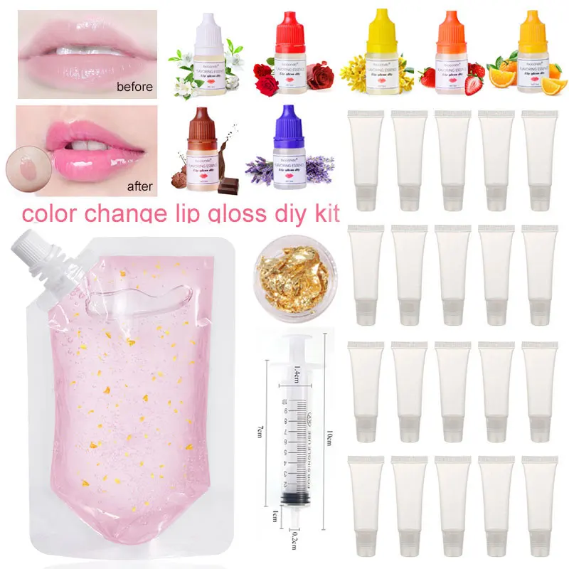 Temperature Color Change Moisturizing Lip Gloss Base DIY Kit Lipgloss Making Tools Gold Foil Added Lip Gloss Tubes Container