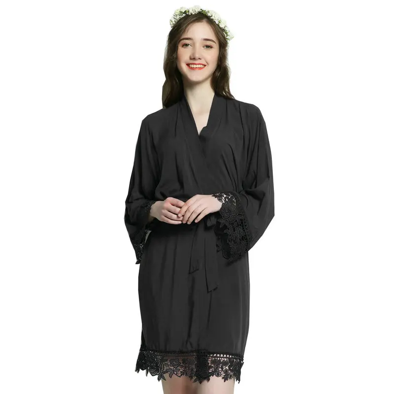 Owiter Bride Rayon Cotton Kimono Robes w/ Lace Trim Women Wedding Bridal Robe Short Belt Bathrobe Plus Size Ladies Gowns Black