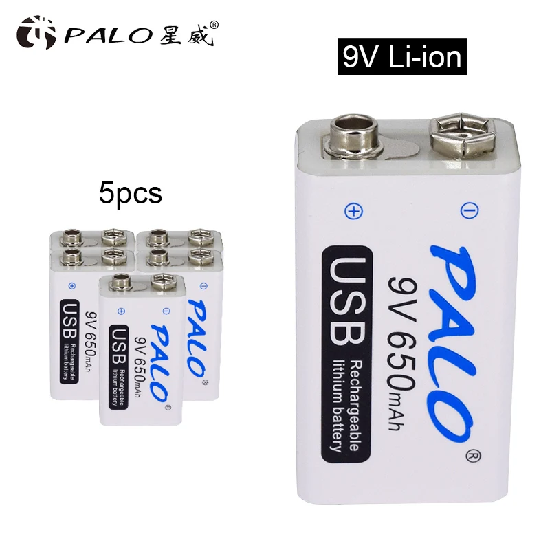 PALO USB 9V Батарея Micro USB Перезаряжаемые 9V 6F22 Батарея литий-ионный аккумулятор 650mah Для мультиметр микрофон Пульт дистанционного управления - Цвет: 5pcs