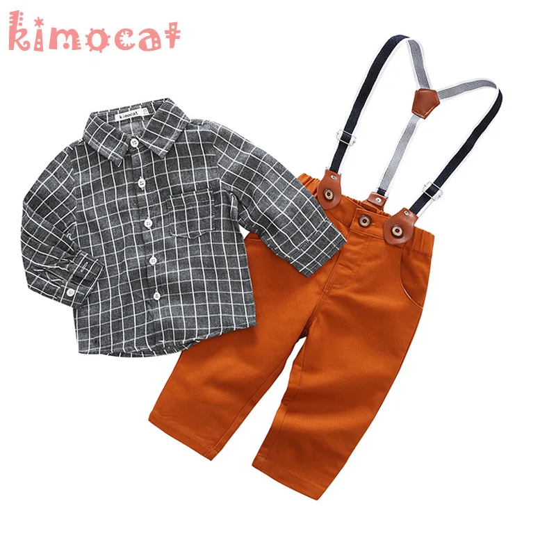 Grey Kiomcat Комплекты одежды для новорожденных мальчиков джентльмен счастливая Свадебная вечеринка Одежда для мальчиков штаны с лямками+ топы с длинными рукавами, комплект из 2 предметов, костюм для мальчиков - Цвет: Grey