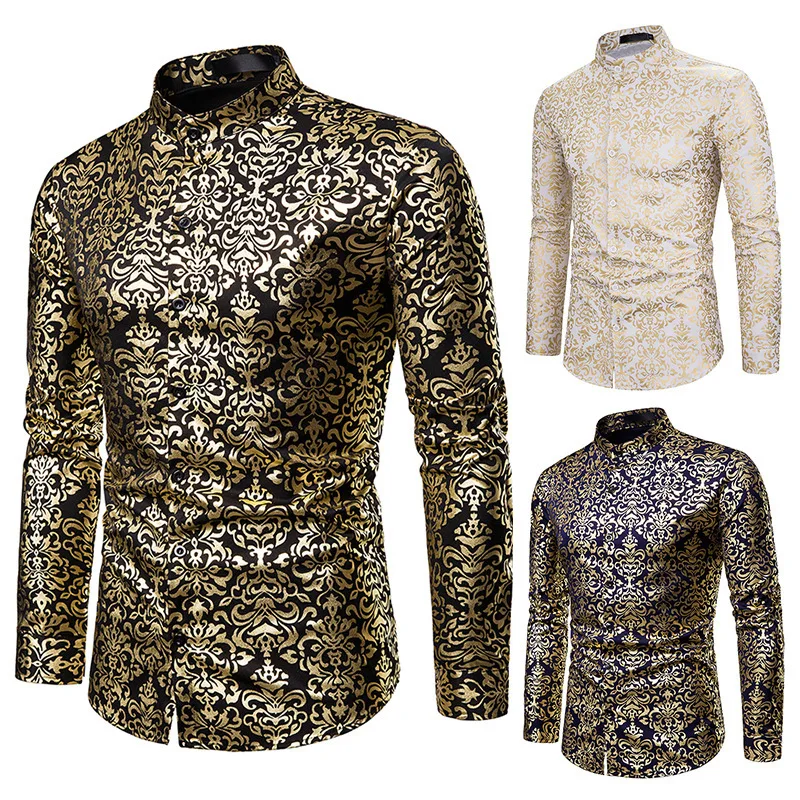 

Мужские рубашки, Клубная Повседневная Мужская модная рубашка с воротником «Генри», рубашка с золотым принтом и длинным рукавом