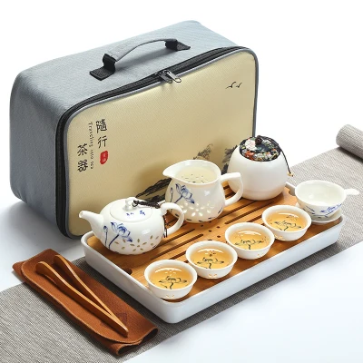 Качественный дорожный чайный набор кунг-фу чайник чашки gaiwan infuser chahai портативная коробка cozies деревянный бамбуковый поднос китайский чайный церемониальный набор - Цвет: SET 1