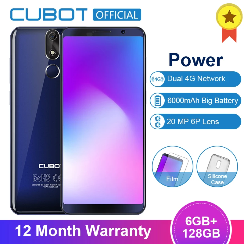 Смартфон Cubot power 6000mAh 6GB+ 128GB 5,99 ''18:9 FHD+ Android 8,1 Helio P23 Octa Core 6P объектив 20.0MP Dual 4G LTE отпечаток пальца