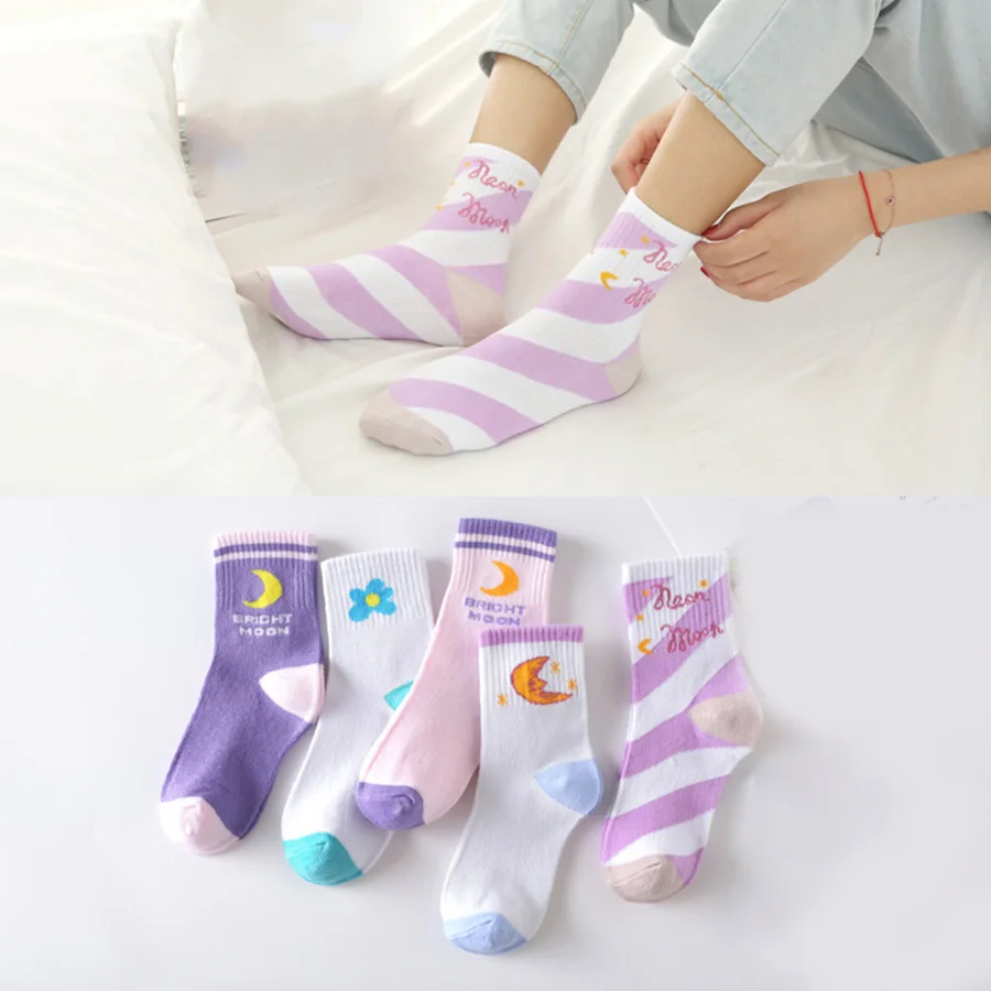 Moon 5 pack 5 пар/компл. с забавными рисунками хлопковые носки для Для женщин с изображением милой кошки фруктов, буквы, луна, погода с рисунком женские Повседневное короткие носки - Цвет: Moon 5 pack