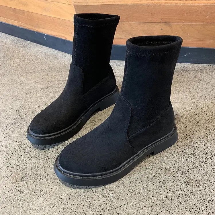 Mid-Calf Классические женские сапоги до колена из флока осенне-зимние сапоги без застежки с круглым носком на плоской подошве женская обувь из хлопчатобумажной ткани в стиле ретро - Цвет: Mid-Calf