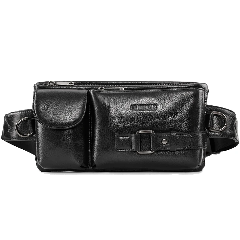 

PI UNCLE Brand Men's Leather Waist Bag Multi-Function Shoulder Messenger Bag Chest Bag Leisure Mobile Phone ID Bag Black