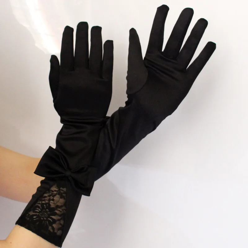 

Lady Lace Patchwork Bow Elbow Length Full Finger Gloves Hipster Party Solid Black Gothic Satin Cool Women Glove 2022 Fashion