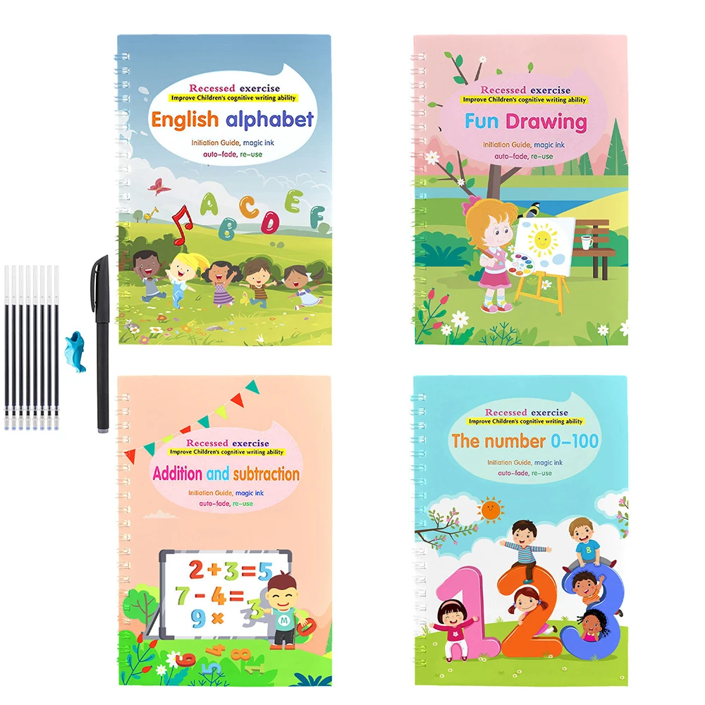 

4 Books Reusable Copybook For Calligraphy Learn Alphabet Painting Arithmetic Math Children Handwriting Practice Books For Baby