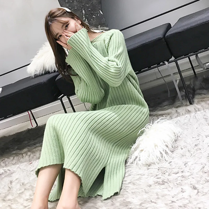 Heydress Women Winter Knitted Dress Europe Long Sleeve O-Collar Loose Warm Maxi Sweater Plus Size Vintage Vestidos | Женская одежда