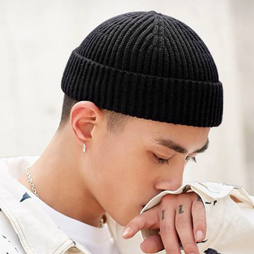 

Cap Men's Winter Fashion Knitted Hats Boy Skullcap Male Beanie Winter Retro Brimless Baggy Melon Cap Cuff