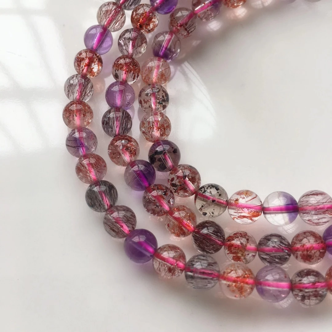

Natural Super Seven 7 Colorful Lepidocrocite Quartz Bracelet 5.4mm Clear Round Beads 3 Laps For Women Men Genuine AAAAAA