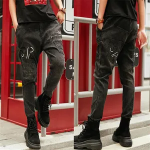 2019 хлопок, Зимняя мода, высокая талия, джинсы для женщин, черная надпись, строчка, тонкая, эластичная талия, для девушек, Харлан, брюки, женские джинсы