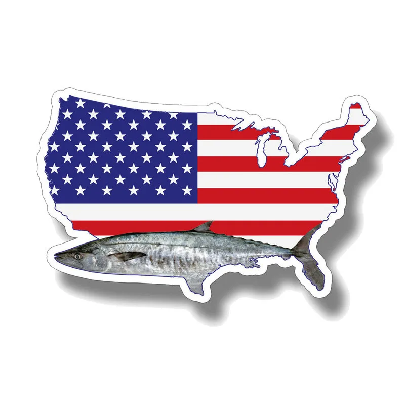 

King Mackerel Fish USA Flag Car Sticker for Bumper Bodywork Suv Creative Decals Cover Scratches Exterior Accessories PVC13x8cm