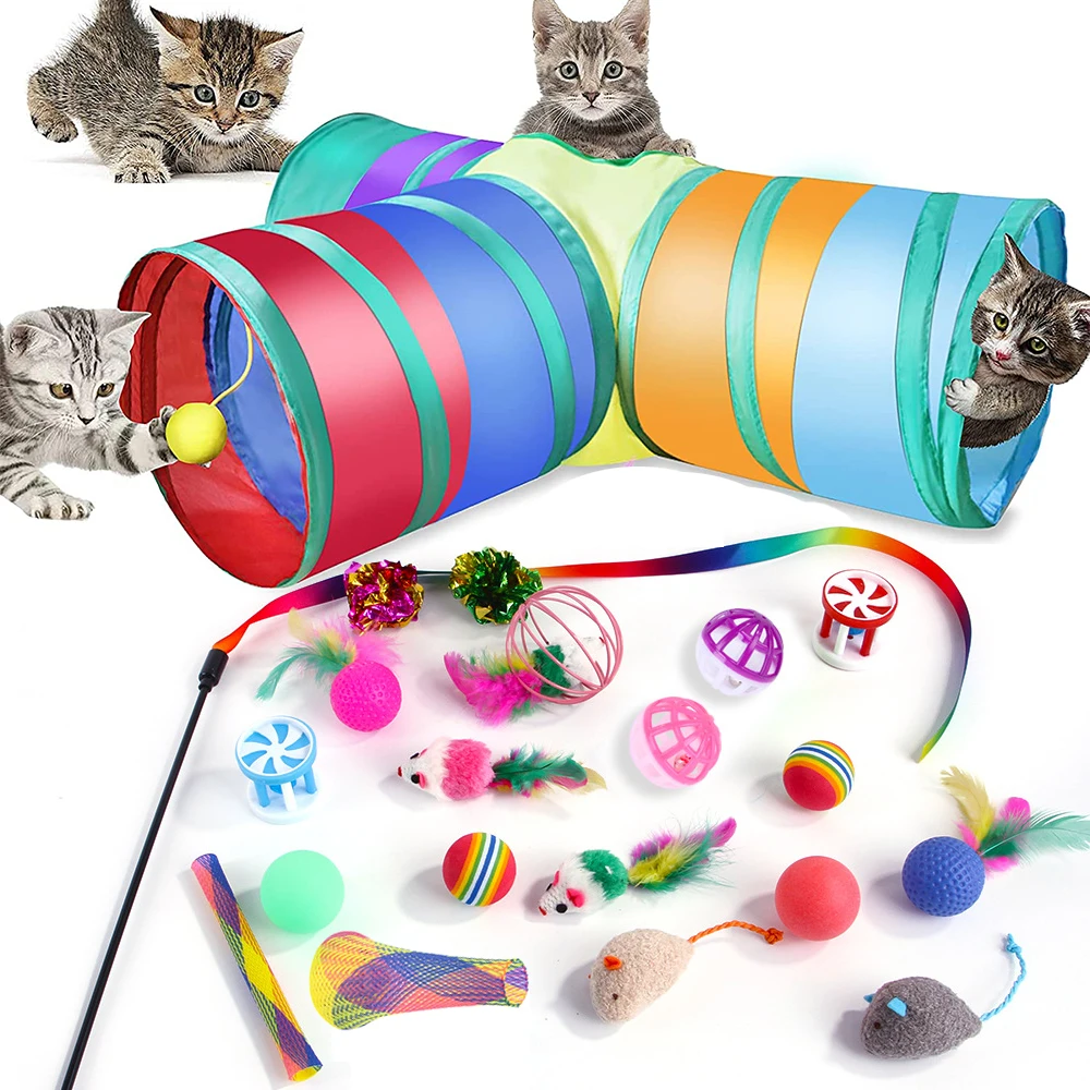 

21 PCS Cat Interactive Pets Feather Toys Set Collapsible Cat Tunnels Indoor Cats Toy Fluffy Mouse Crinkle Balls Pet Tunnel Toys