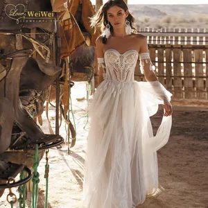 Sexy Boho Wedding Dress A-Line Sweetheart Neck Removable Sleeves Backless Appliques Beading Feather Vestidos De Novia