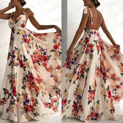Женское платье макси с открытой спиной, Летнее Длинное платье с цветочным принтом и V-образным вырезом