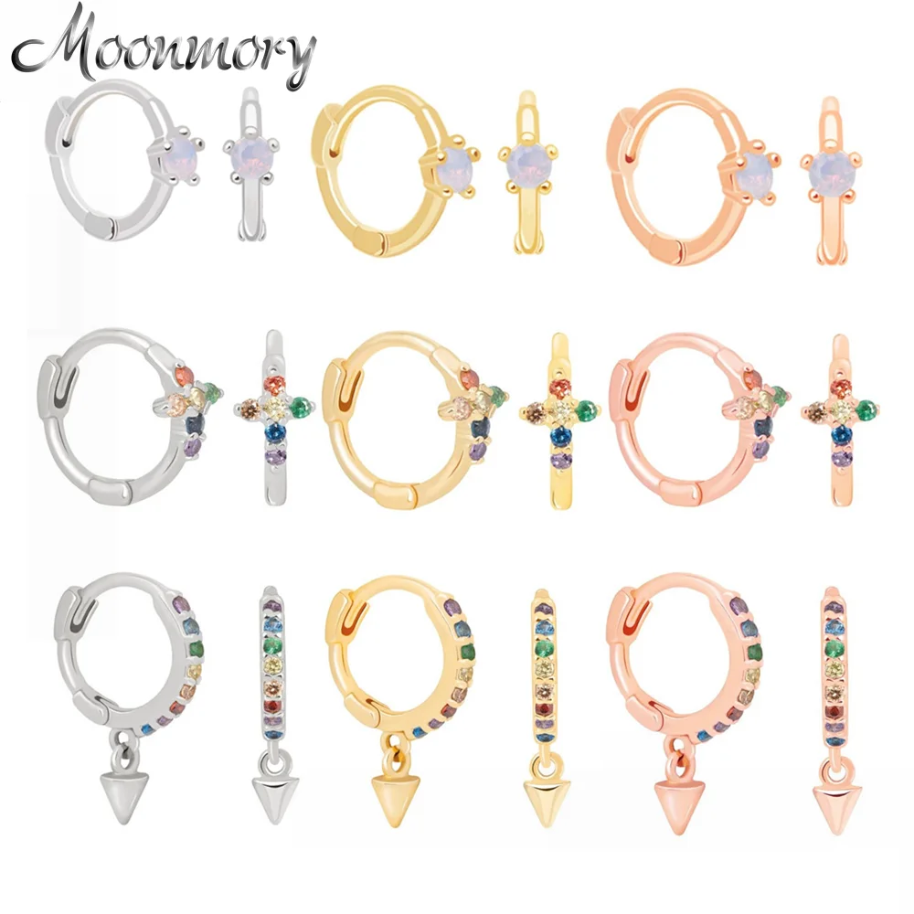 Moonmory Популярные 925 пробы серебряные серьги-кольца Huggie с радужными камнями CZ серьги для европейских женщин модные ювелирные изделия