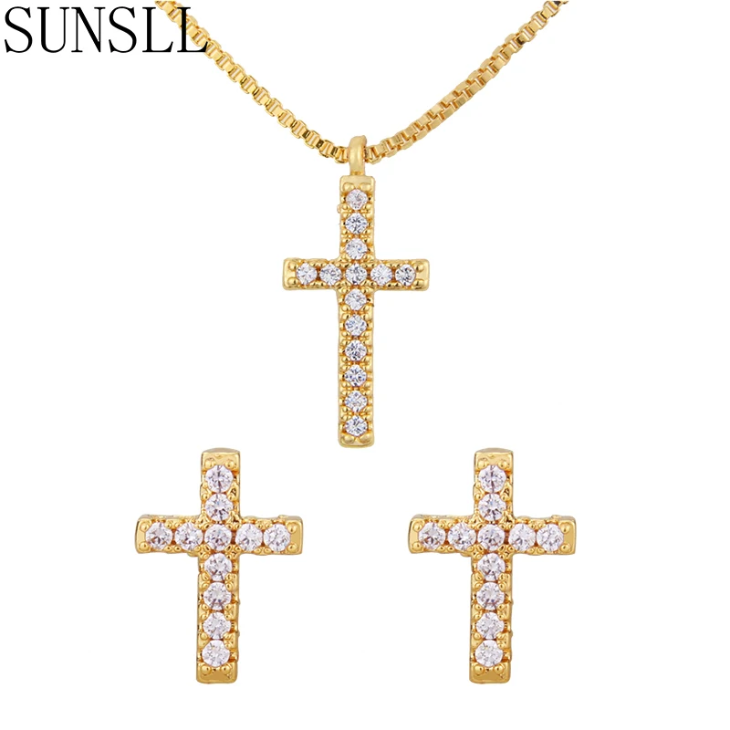 Набор украшений SUNSLL jesus cross AAA CZ колье серьги набор золотистого цвета латунные