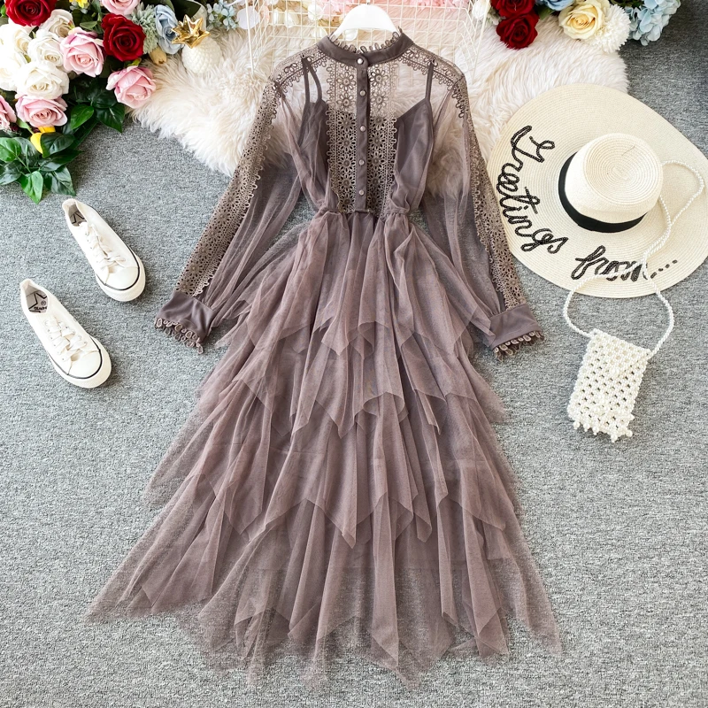 HISUMA 2020 spring New Women's lace Spliced mesh layer ruffles puff dress female elegant fairy irregular dresses two piece set | Женская