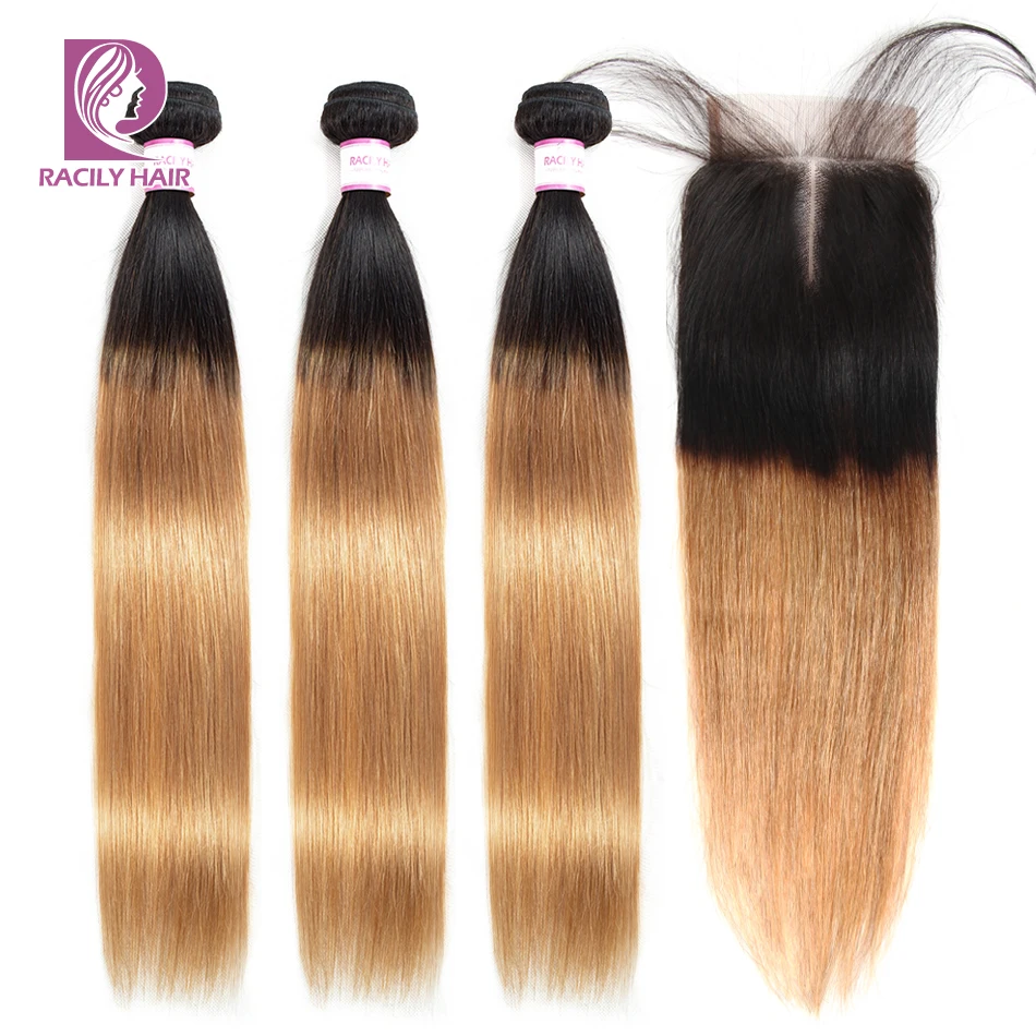Racily Hair T1B/27, перуанские прямые волосы, пряди с закрытием, блонд, Омбре, Remy, человеческие вплетаемые волосы, 3/4 пряди на шнуровке