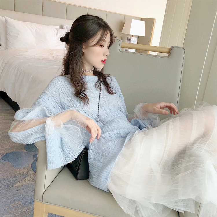 

Autumn Style Ulzzang Vetement Femme Mesh Lace Up Loose Tops Sweet New Women's Clothing Sweaters Fashion Brand Knitted Pullovers